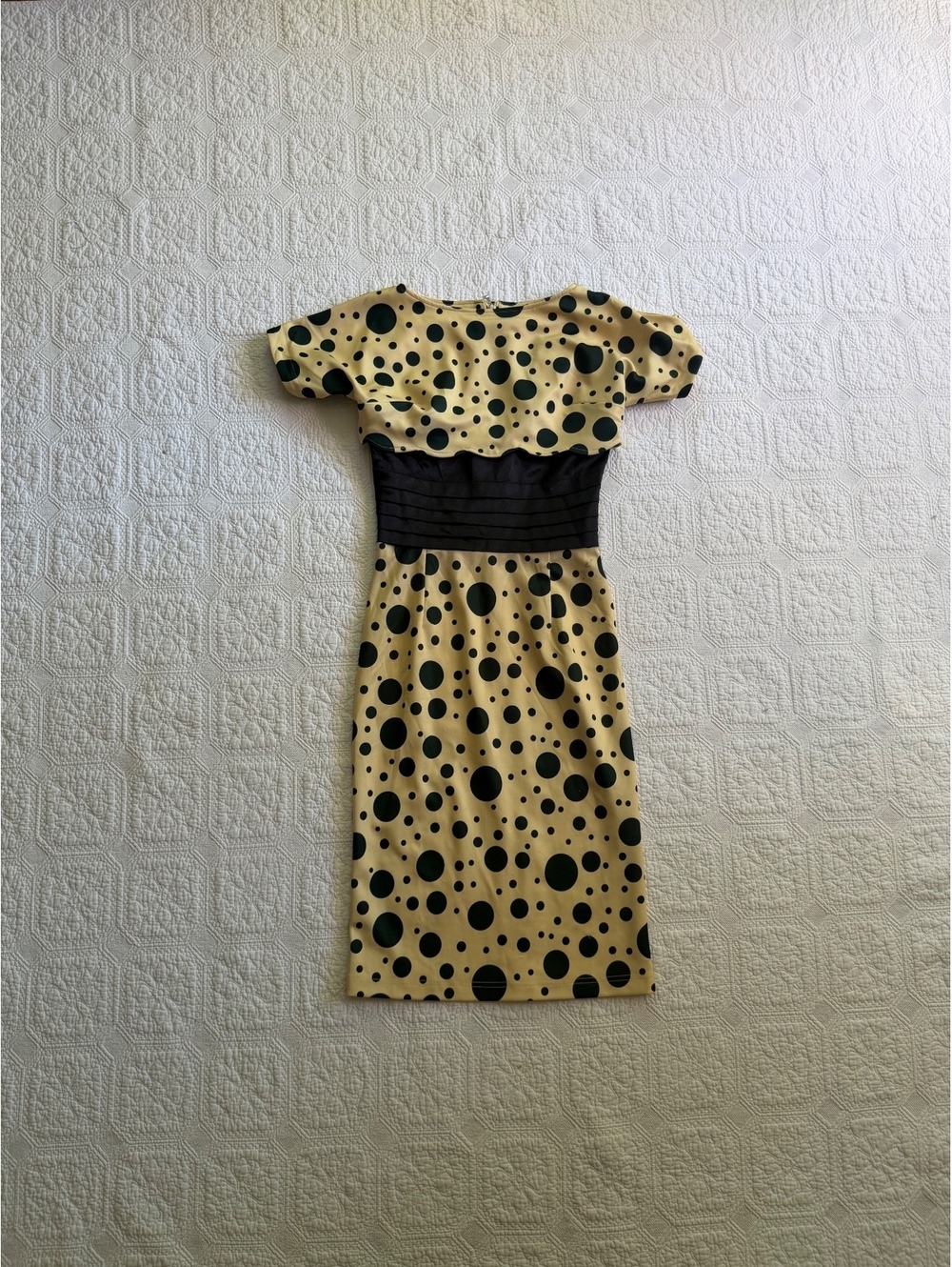 Tatyana Women's Beige and Black Polka Dot Midi Dress with Black Waistband, Size
